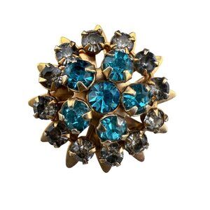 Vintage Gold-Tone Rhinestone Brooch With Blue & Clear Crystal Accents Floral Des
